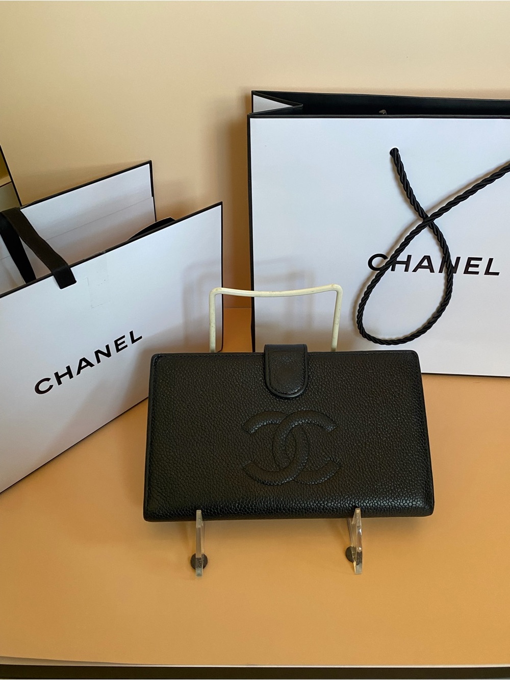 CHANEL Black Caviar Leather CC Embossed Wallet